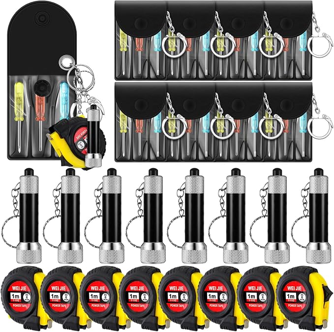 Jutom 24 Pcs Mini Tape Measure Keychain Screwdriver LED Light Keychain Bulk Men Adult Tool Party Gifts Prize for Man Father's Day Housewarming Gifts Adult Useful Tool Favors (Black)