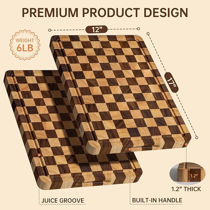 Wooden Cutting Boards for Kitchen, 1.2" Checkered Cutting Board | 17" x 12" Walnut Chopping Board with Juice Grooves & Handles, Double-sided Butcher Block for Prep & Serving with Gift Box