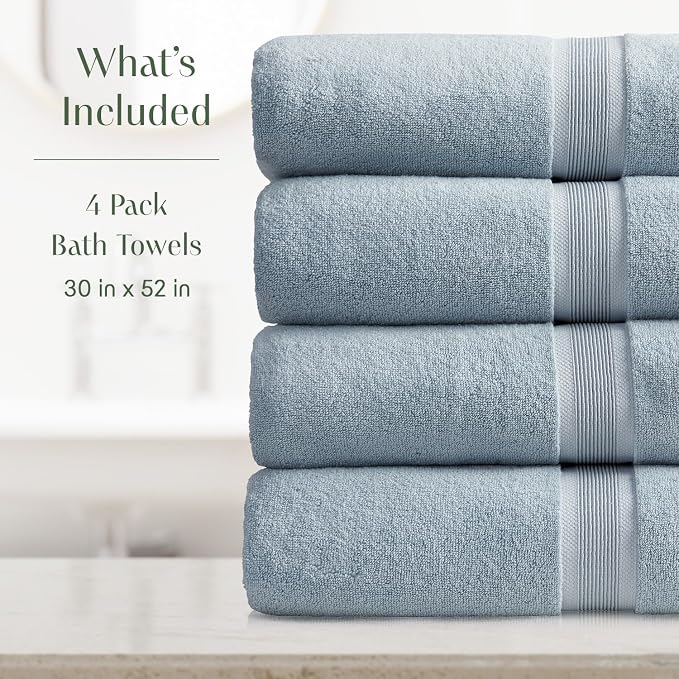 Springtree Home Luxury Bamboo Rayon Plush Bath Towel Set | 4-Pack| Blue Fog | 35% Bamboo Rayon - 65% Zero Twist Cotton | Absorbent Quick-Dry Towels for Bathroom | Ultra Soft | OEKO-TEX Standard 100