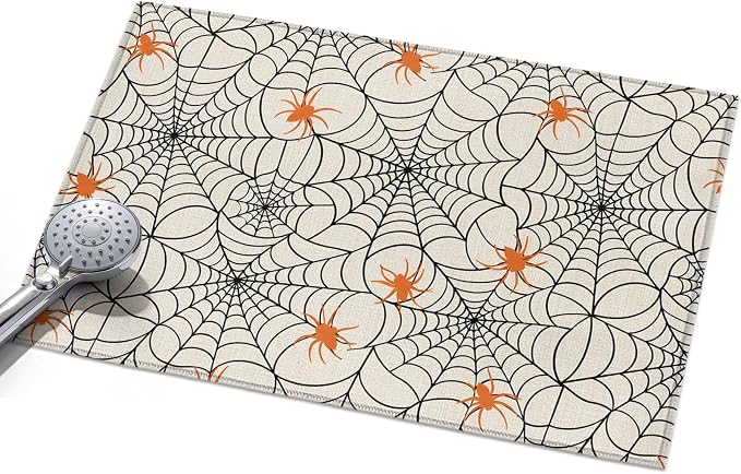 Entryway Area Rug 2'x3', Halloween Washable Small Area Rugs for Kitchen Bathroom Bedroom Office Laundry, Black Net Classic Spiders Gingham Orange Rustic Door Mat Indoor Entrance Floor Throw Carpet