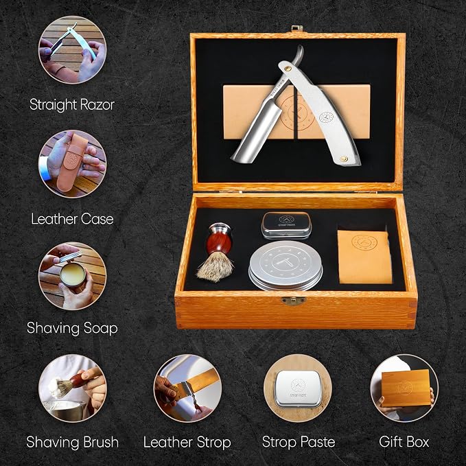 Naked Armor Merlin Straight Razor Kit, Japanese Stainless Steel Shaving Set | 7-Pc Shave Ready Wet Shaving Kit, 7/8" Barber Straight Edge Razor Set, Strop, Paste, Brush, Soap, Sheath, Box, Gifts for Men