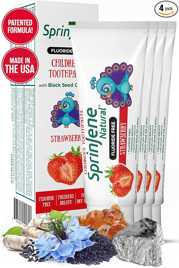 SprinJene Natural Children’s Toothpaste – Fluoride Free Strawberry Toothpaste for Toddlers & Kids – Gentle Safe Natural Formula with Patented Black Seed Oil & Zinc – Made in the USA (4 Pack)