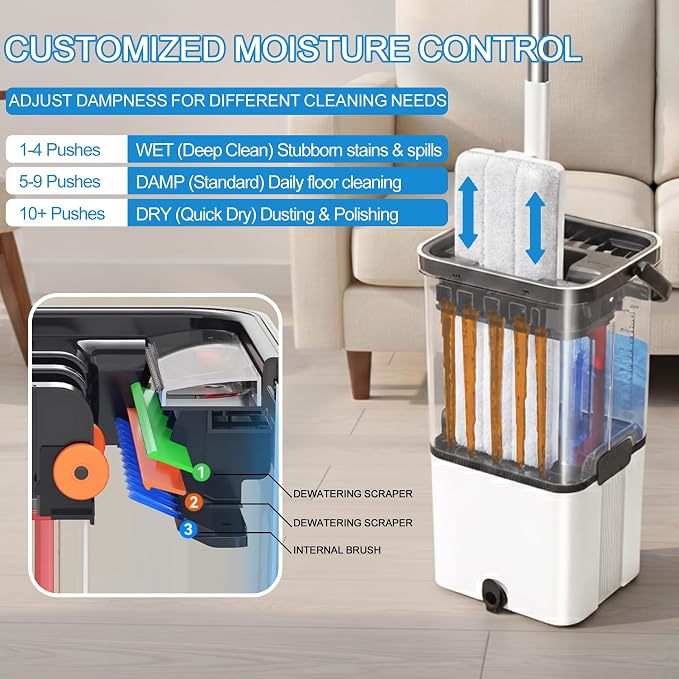 Mop and Bucket Set, Clean Water Separation Floor Dust Flat Mop | Includes 4 microfiber pads for cleaning hardwood, tile, marble and laminate floors. Features a visual clean water tank
