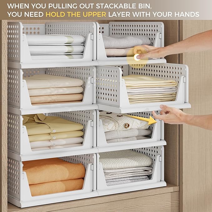 Pinkpum 8 Pack Closet Organizers and Storage Plastic Stackable Storage Bins, Foldable Drawer Shelf Storage Container for Wardrobe Kitchen Bathroom Dorm White