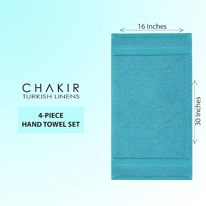 Chakir Turkish Linens 4 Piece Hand Towels, 100% Cotton Turkish Towels for Bathroom, Luxury Soft Absorbent Hand Towel Set, 16 x 30 Inches, Aqua