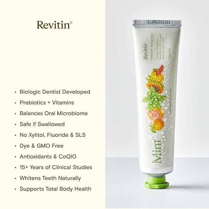 Revitin Fluoride-Free Prebiotic Mint Toothpaste, 3.4 oz – SLS-Free, Gluten-Free, Dye-Free, GMO-Free, Sweetener-Free Tooth Gel for Kids and Adults