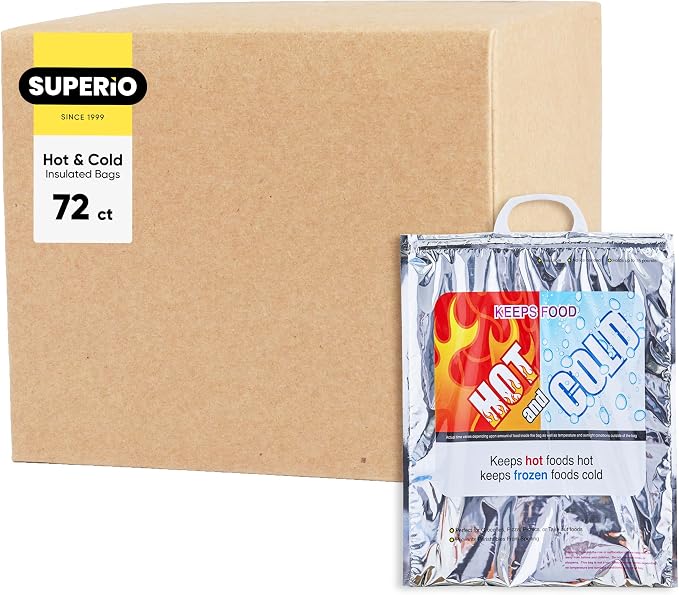 Superio Hot and Cold Insulated Bags for Food Delivery, Grocery Shopping Bags, Food Storage for Hot and Frozen Food for Travel, Disposable Cooler Bag, Reinforced Thermal Lunch Bag (72, 13.5"x17.5")