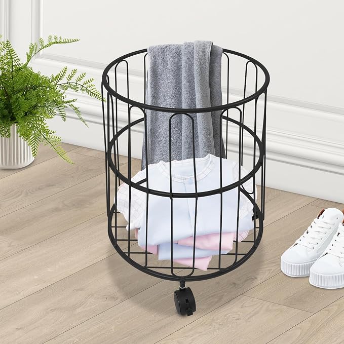 Rolling Laundry Hamper with Wheels Metal Wire Laundry Basket Cart Heavy Duty Clothes Toy Sundries Storage Organize Hamper Bin for Living Room Bathroom Closet Bedroom (Black, Round 2)