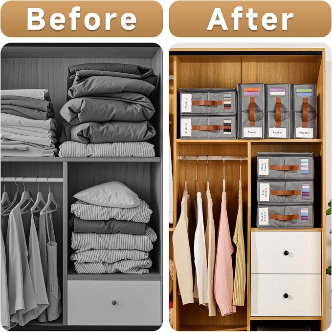6pack Bed Sheet Organizer, Foldable Linen Closet Organizers and Storage with Sealed Design, Queen & King Size Sheet Storage with Window, Closet Organizer for Bedsheets/Blankets/Clothes, Grey