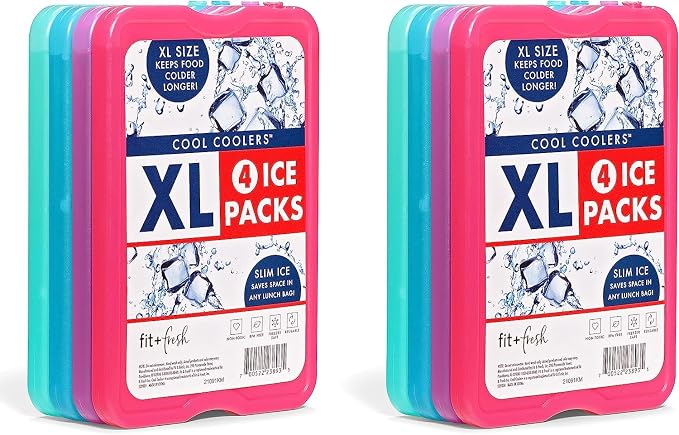 Cool Coolers by Fit & Fresh 4 Pack XL Slim Ice Packs, Quick Freeze Space Saving Reusable Ice Packs for Lunch Boxes or Coolers