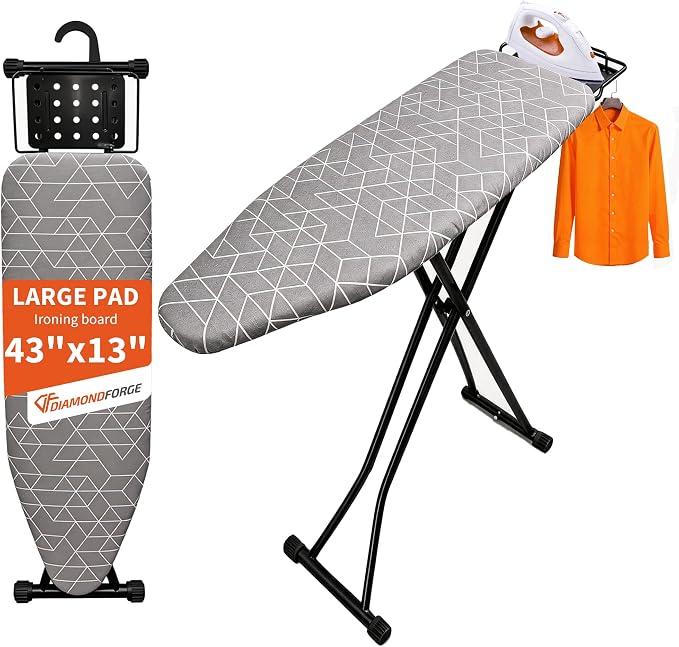 Ironing Board, 43"×13" with Iron Rest, 4 Layer & 7 Adjustable Height Sturdy | Iron Board with Bulit-in Hook and Hanger Bar, Heat Resistant Cover and Pad for Home Dorm Apartment Laundry Room, Gray