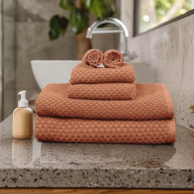 COTTON CRAFT Euro Spa Waffle Weave 6 Piece Towel Set - 100% Cotton - Mocha | 2 Oversized Luxurious Large Bath Towels, 2 Hand Towels, 2 Washcloths - Soft Plush Super Absorbent Low Lint Quick Dry
