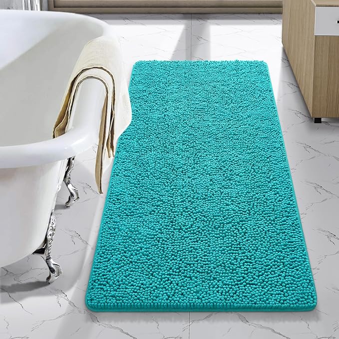 LOCHAS Luxury Bathroom Rug Shaggy Bath Mat 24 x 44 Inch, Teal Blue | Washable Non Slip Bath Rugs for Bathroom Shower, Soft Plush Chenille Absorbent Carpets