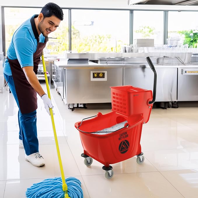 Dryser Commercial Side Press Wringer Combo Mop Bucket, 33 Quart, Red