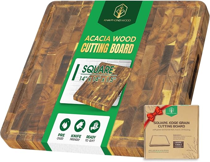Square End Grain Acacia Wood Cutting Boards for Kitchen, 1.5 in Thick Butcher Block Construction for Stability, 14 in Square Medium Cutting Boards with Gift Box, Juice Groove and Handle