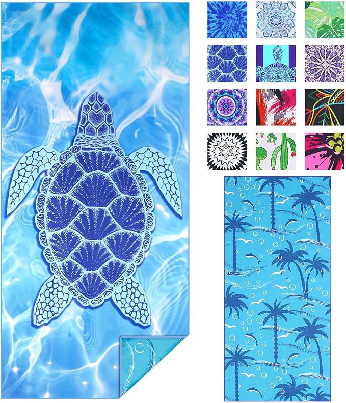 TwoYek Microfiber Beach Towel Extra Large 71x32 inches Blue Turtle Print | Thin & Lightweight, Oversized Sand Free Quick Dry Towels for Travel Pool Camping Sports Accessories Vacation Essentials Gift