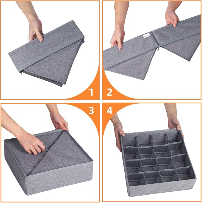 Criusia 3 Pack Sock Underwear Drawer Organizer Dividers, 64 Cell Fabric Foldable Dresser Organizer for Closet Organizers and Storage Boxes for Organizing Socks, Underwear, Ties (16+24+24 Cell, Gray)