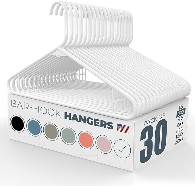Plastic Hangers 30 Pack – Made in the USA – 6lb Capacity Standard Clothes Hangers with Strap Hooks for Dresses, Lingerie, Shirts, Pants, and Jackets – White
