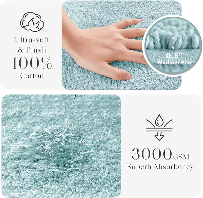 Madison Park Splendor Reversible 100% Cotton Bath Rug, 24 x 44, Blue | Tufted Bathroom Mat, 3000 GSM, Hotel Quality, Luxurious Plush, Medium Pile, Absorbent, Quick Dry, OEKO-TEX, Shower Room Décor