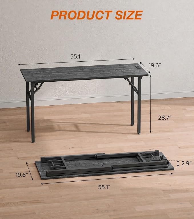 XBurmo Small Folding Desk Folding Table, No Assembly Foldable Desk Gaming Desk, 55.1-Inch Computer Table Workstation with 2 AC Outlets and 2 USB Ports for Bedroom and Home Office, Marble Greige