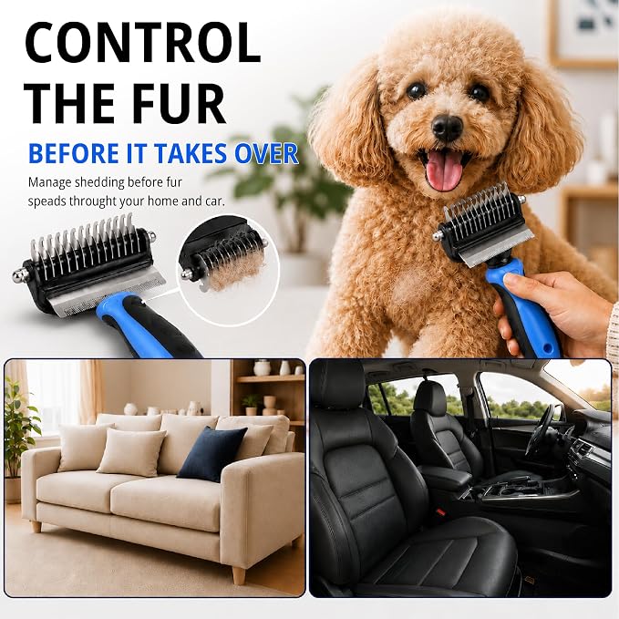 Grooming Brush for Dog/Cat with 2 Sided Grooming Brush for De-Shedding, De-Matting Reduces Shedding up to 95%, Great Short to Long Hair Small Large (Blue, Combo 4-in1 Small)