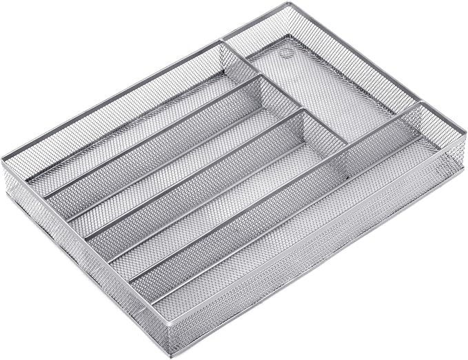 Neudeco Silverware Drawer Organizer, Silver, 5 Compartment | Mesh Wire, Non-Slip Feet, Cutlery Tray, Flatware Storage Divider