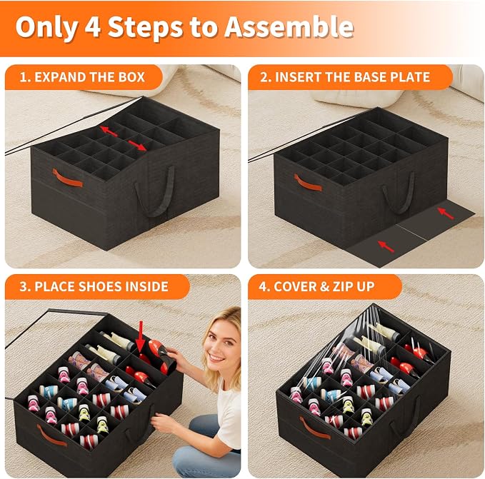 Aokeyee 2 Pack Shoe Organizer for Closet, Large Shoe Storage Box, Black | Fits up to 48 Pairs, Stackable, Space Saving, Foldable, Shoes Organizer Bin with Clear Cover, 4 Reinforced Handles