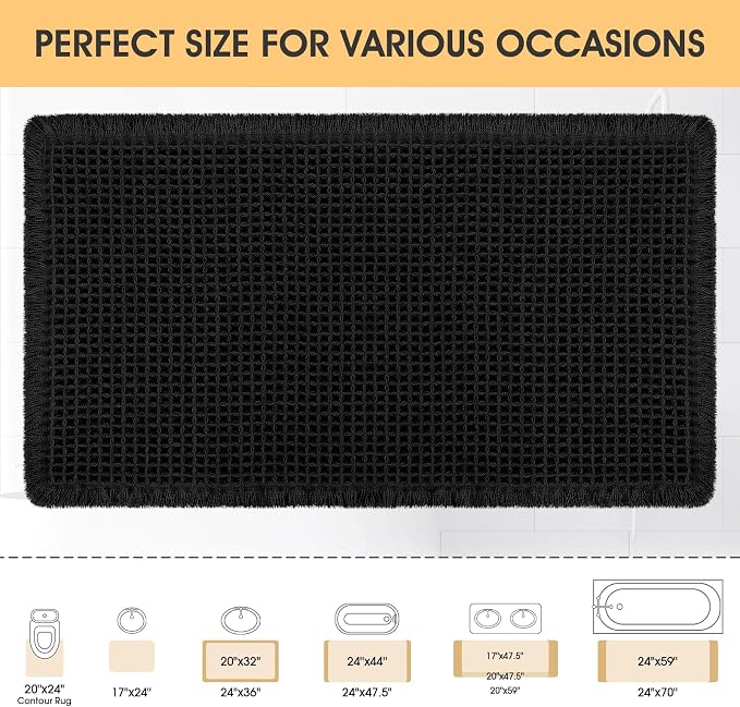 IM HOME Waffle Bath Mat Black 36"x24", Boho Woven Modern Bath Mat Rugs, Absorbent Non Slip Bathroom Rugs, Soft Washable Bath Rugs with Tassels for Bathroom, Bedroom, Kitchen, Shower, Tub