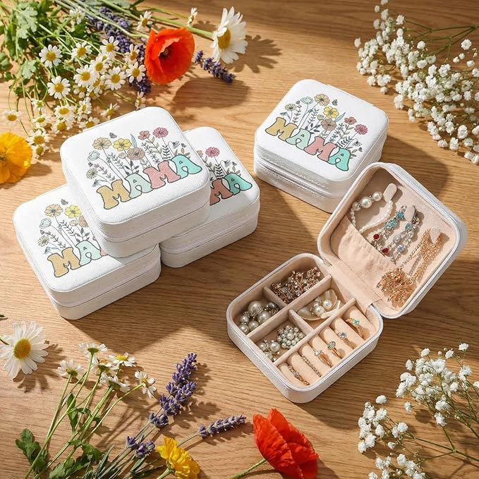 Kacctyen 12 Pcs Mini Mama Wildflowers Travel Jewelry Case Bulk Mother's Day Church Gifts for Mom Women Mama Gifts for Secretary Leather Travel Jewelry Case