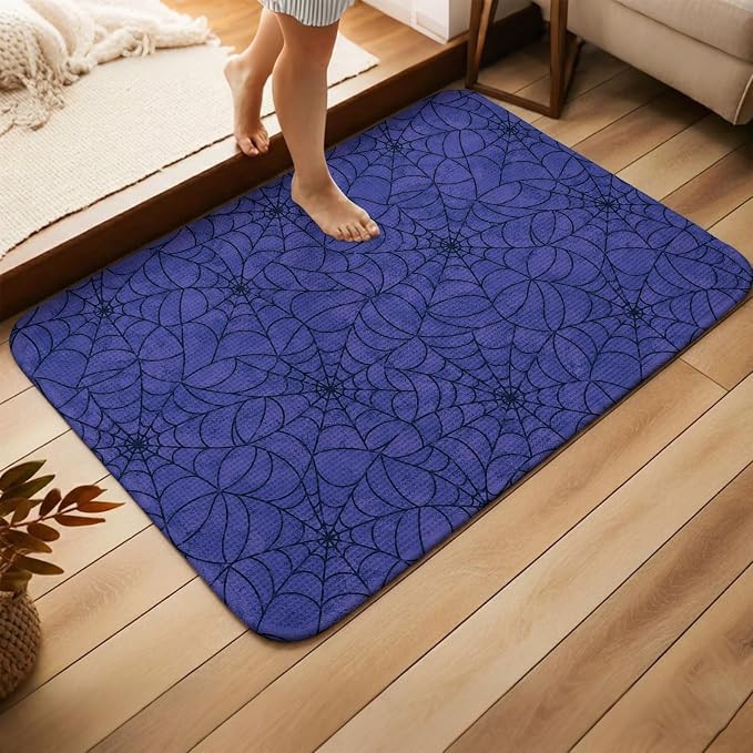 Entryway Rug Indoor Outdoor 31.5"x47.2", Navy Blue Halloween Absorbent Non Slip Floor Mat, Black Spiders Net Classic Gingham Low-Profile Welcome Mats for Front Door Patio Mudroom Garage Entrance