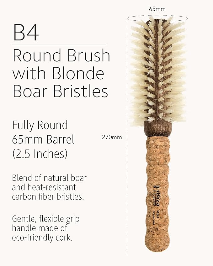 Ibiza Hair Boar Bristle Round Brush (B4-65mm) | Blonde Bristles & Cork Handle | Ideal for Color Treated Tresses | Crown Volume | Adds Shine & Texture for Medium to Long Styles