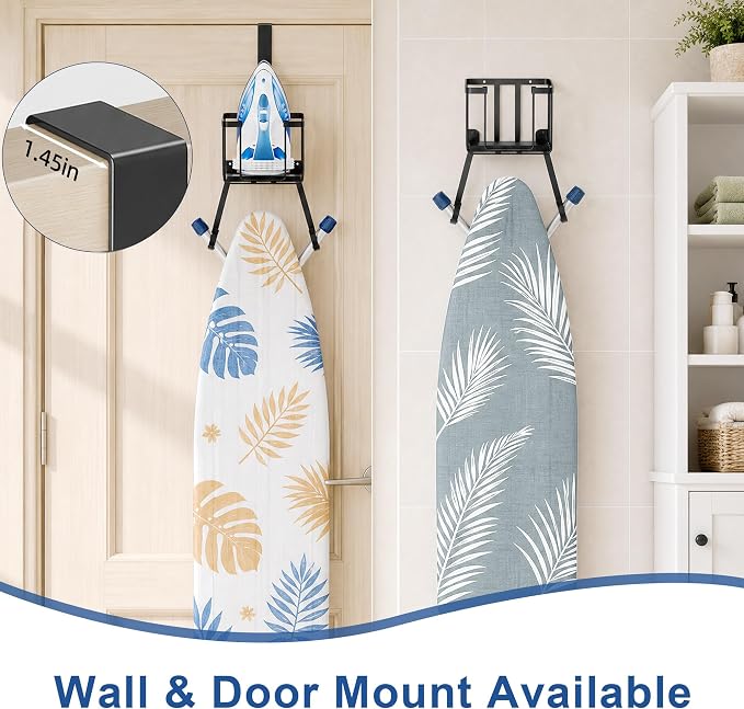 ORLESS Ironing Board Hanger Over Door & Wall Mount, Black | 2 in 1 Heavy Duty Iron Board Holder with Storage Basket, Fits T/Y Boards, Laundry Room Space Saver