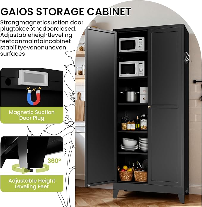 AQY Metal Pantry Cabinet, 75" Black Kitchen Storage Cabinet with Doors | 5 Adjustable Shelves Ventilated Metal Cabinet Hanging Hooks Freestanding Kitchen Storage