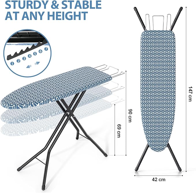 KINGBOARD Foldable Ironing Board Full Size, Iron and Ironing Board Set Standard Size, Iron Boards with Ironrest & Adjustable Height,Heavy Duty Iron Table Stand with Metal Legs &Thick Cover,43x13 Blue