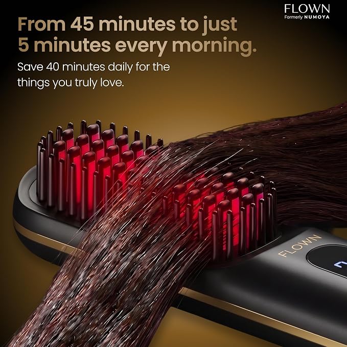 FLOWN® Original Go Brush MAX [Five Minutes Hair Styling Routine] - No Damage Heat Brush with USB-C Charger - Electric Travel Pocket Brush for All Hair Types - Black (Formerly Numoya)