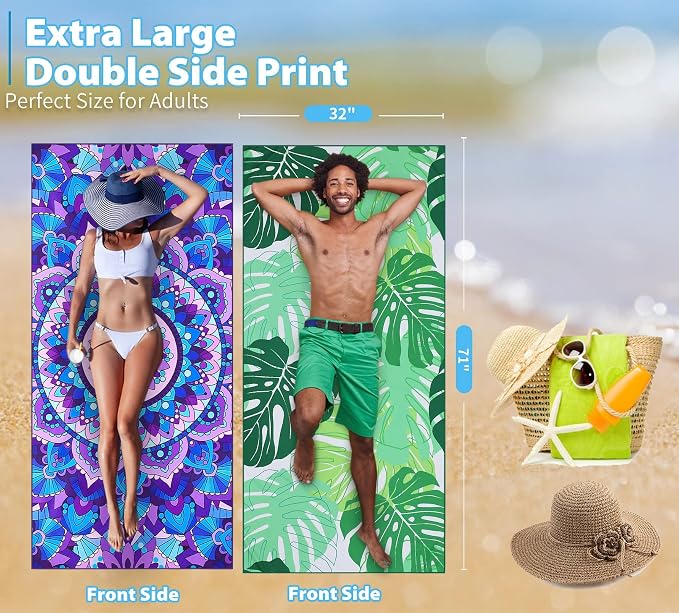 TwoYek Microfiber Beach Towel Extra Large 71x32 Mandala Leaves 2 Pack | Thin & Lightweight, Sand Free, Super Absorbent & Quick Dry, Oversized Towels for Beach Bath Pool Swim Travel Essentials Gift