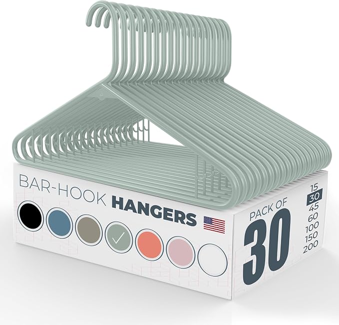 Plastic Hangers 30 Pack – Made in the USA – 6lb Capacity Standard Clothes Hangers with Strap Hooks for Dresses, Lingerie, Shirts, Pants, and Jackets – Mint
