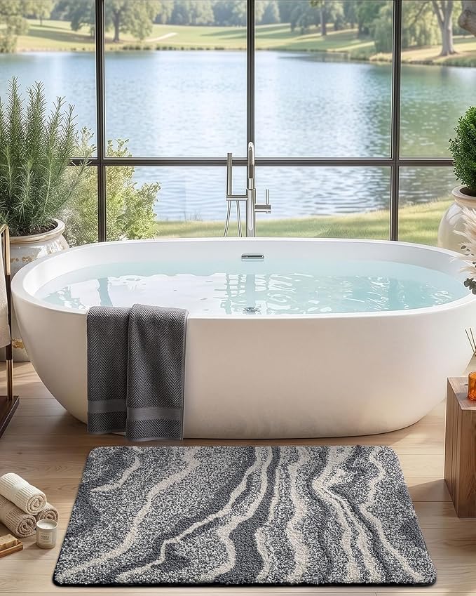 DEXI Bathroom Rug Mat 43x24, Soft and Absorbent Marble Bath Mat, Non Slip Machine Washable Bath Rugs for Shower Floor, Tub, Sink, Dark Grey