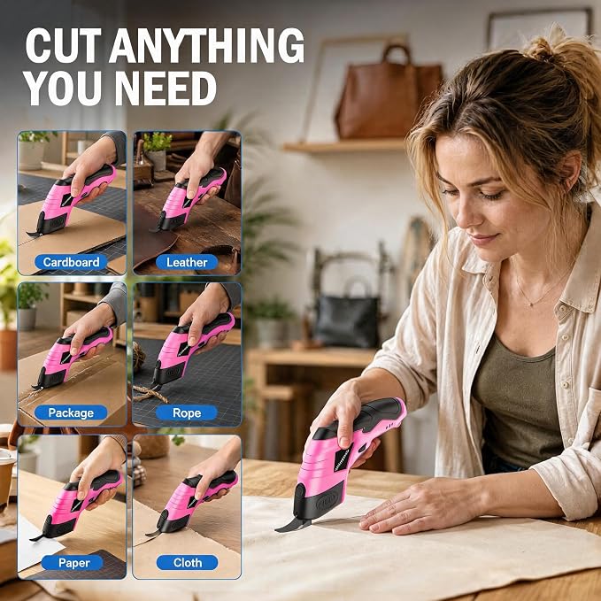 2026 Upgrade Cordless Electric Scissors Cardboard Cutter with 2 Type Blades Rechargeable Powerful Shears Cutting Tool for Fabric Electric Chop Saw Leather Felt with Charger-Pink