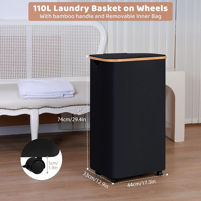 Laundry Basket with Wheels, 110L Black Clothes Hamper for Laundry, Laundry Hamper with Lid and Inner Bag, for Laundry Room, Bedroom, Dormitory Storage,Black