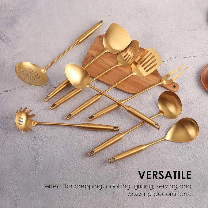 Gold Kitchen Utensils Set - 15" All Metal Cooking Tools Set of 9 | 18/10 Stainless Steel Cooking Utensils - Fork, Solid/Slotted Spoon, Spatula, Ladle, Skimmer, Turner, Pasta Spoon, Large Spoon