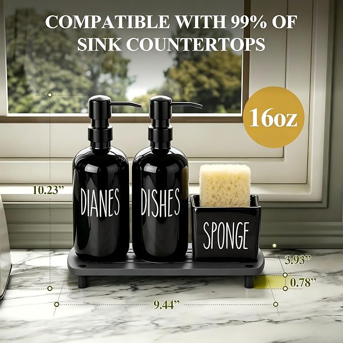 Cisily Black Soap Dispenser Set with Ceramics Sponge Holder, Kitchen Decor | Black Stainless Steel Pumps, Instant Dry Tray