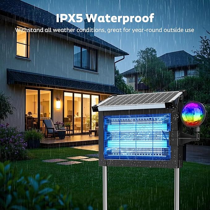 OnBeam Solar Bug Zapper Outdoor with Projector Lights, Mosquito Zapper Waterproof Electric Fly Zapper Rechargeable with 10W Solar Panel, 4500V Cordless Fly Trap for Backyard, Patio, Garden, Camping
