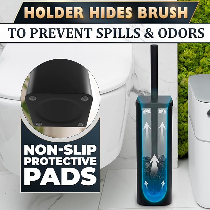 Black Toilet Brush and Holder Set - Slim Matte Design that Fits Anywhere - Stainless Steel Toilet Bowl Brush and Holder with 2 Rounded Corners, Replaceable Head, Removable Inner Bowl & Splash Guard