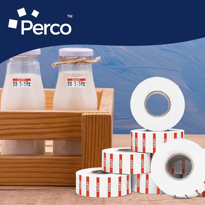 Perco 1 Line Orange Reverse Print on White Dairy Labels—32,000 Labels for Perco Lite, X, Plus & Pro Guns—with Tamper-Proof Design for Marking Milk, Cheese, Yogurt, Butter—32 Rolls, 4 Sleeves—USA Made