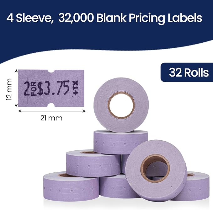 Perco 1 Line Lavender Labels - 32,000 Blank Price and Date Gun Labels for Perco Lite, X, Plus and Pro 1 Line Price and Date Guns - 32 Rolls, 4 Sleeves - Made in USA