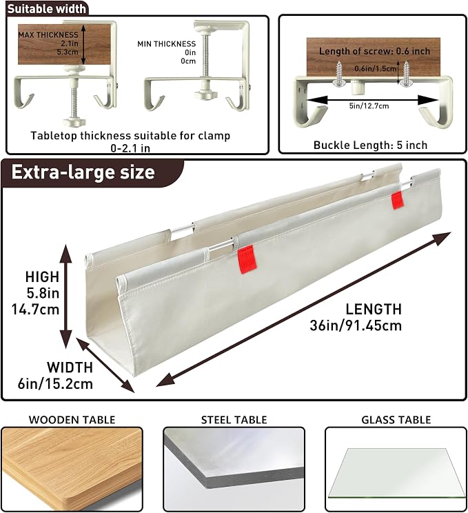 Under Desk Cable Management No Drill – 36" L x 6" W Cord Organizer, Upgraded Silicone Pads (No Scratch), 16 Cable Slots, Washable PE Honeycomb Base, Fits Desks 0–2.1" Thick, Beige