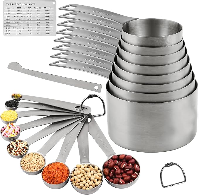 Measuring Cups Set, 18/8 Stainless Steel Measuring Cups and Spoons Set, 8 Kitchen Measuring cups & 9 Baking Measuring Spoons & Magnetic Conversion Chart&Leveler&Rings-Metal Measure Cups&Spoons