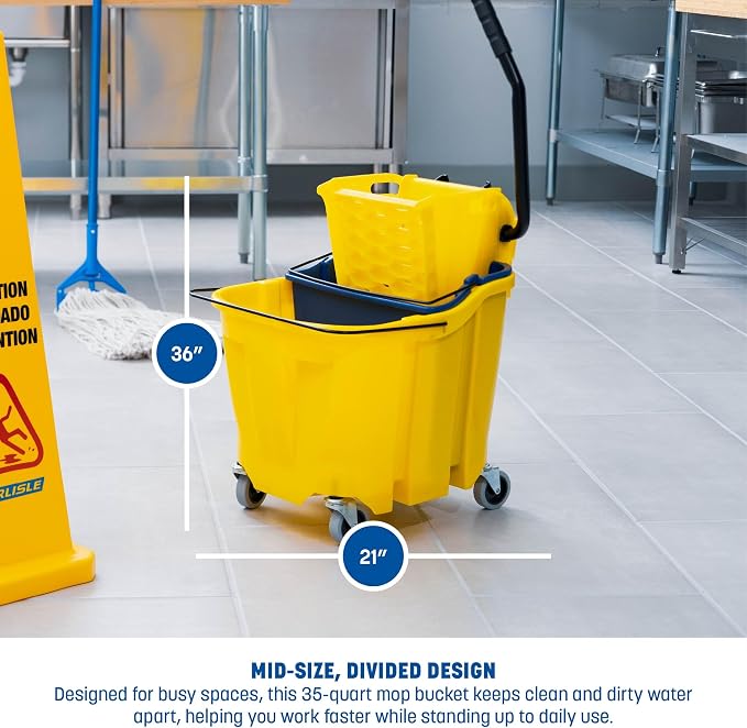 Carlisle FoodService Products Omnifit Mop Bucket with Side Press Wringer and Soiled Water Insert for Floor Cleaning, Kitchens, Restaurants, And Janitorial Use, Polypropylene (Pp), 35 Quarts, Brown