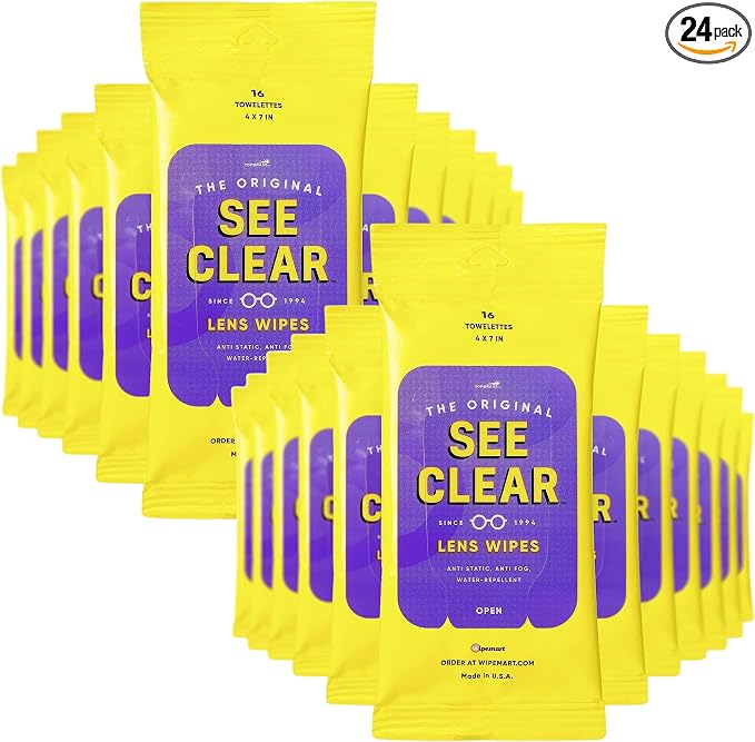 See Clear Original Lens Cleaning Wipes - Pre-Moistened Eyeglass & Screen Cleaning Cloth Towelettes - Streak Free, Scratch Free Lens & Electronic Screen Cleaner - 24 Resealable Packs of 16 (384 Wipes)